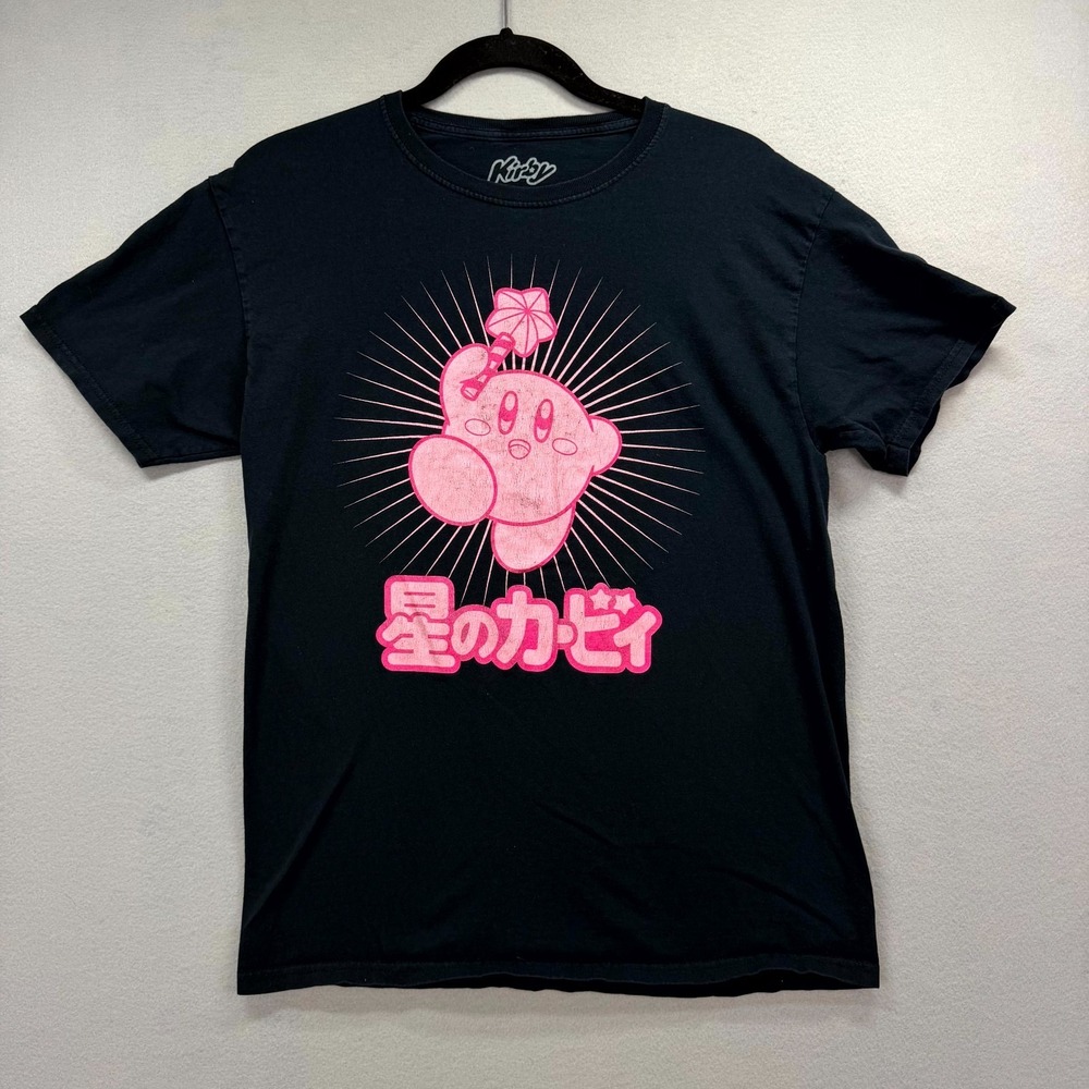 Kirby T Shirt Unisex Adult Medium Black Pink Beaming Star Wand Kanji Jump Image